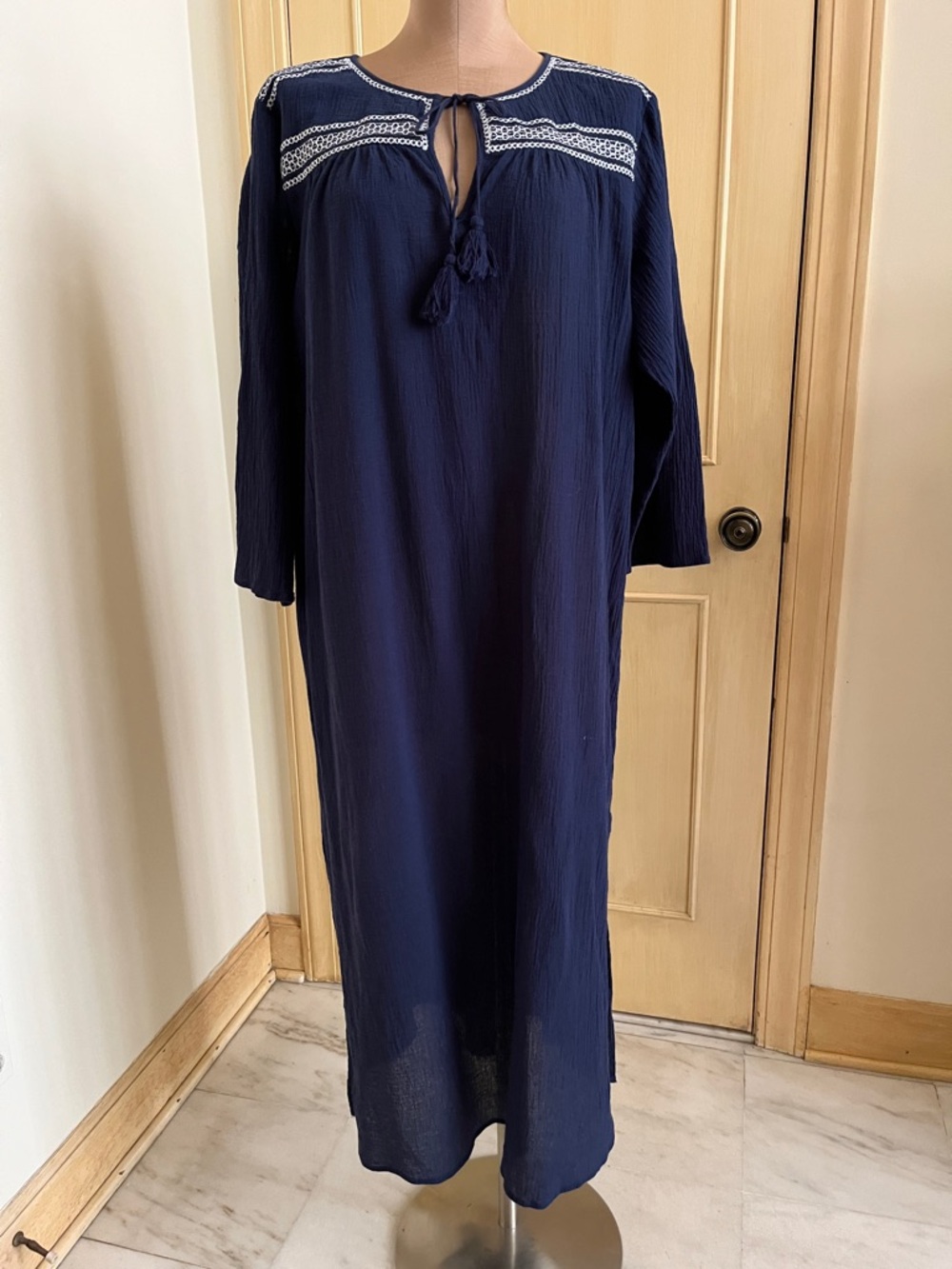 LANDS' END Beach Resort Travel 100% Cotton Embroidery Navy Maxi Dress/Coverup XL